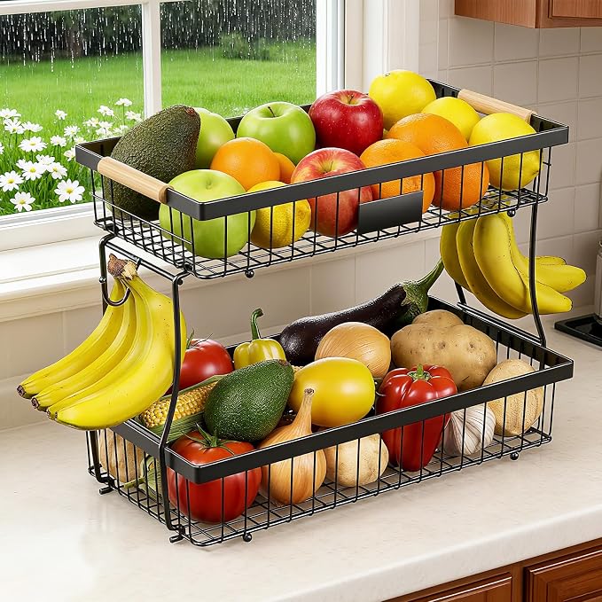 2-Tier Fruit Basket with Banana Hangers, Black Standing Storage Rack | Metal, Wooden handle, Removable Design, Tool-Free Assembly, Versatile Kitchen Countertop Organizer, Vegetables, Seasonings