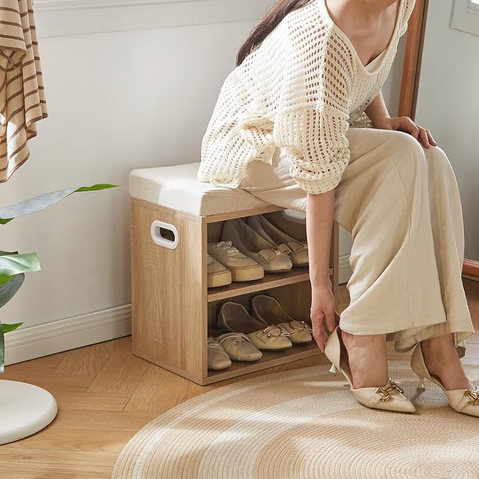 YMYNY Small Shoe Storage Bench with Cushion, Light Natural, HBD028R | 2 Tier Entryway Bench with Storage, Small Shoe Rack Bench with Adjustable Shelf for Entryway 11 x 15.3 x 16.5 Inches