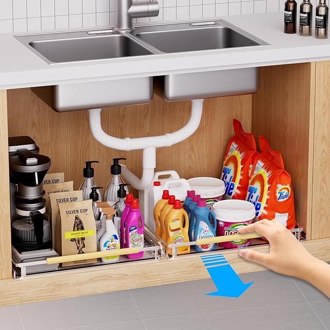 Expandable Pull Out Drawer Cabinet Organizer, Adjustable Width Bottom-Mounted Slide Out Storage Shelves for Cabinets, Required Cabinet Size (W: 10.16"~16.36", D≥22.5"), 2 Pack