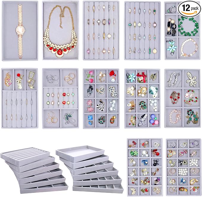 12 Set Jewelry Organizer Trays Stackable Jewelryy Display Case Storage Box for Earring Necklace Rings Bracelet Watch