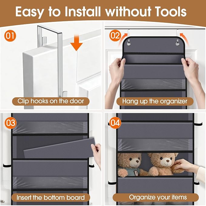 WISELIFE Over the Door Organizer Storage with 5 Large Pockets and Clear Windows, Hanging Organizer for Nursery Bedroom Bathroom Pantry Closet and Baby Essentials, Dark Grey