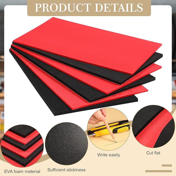 Sumind 3 Sets 10.7 x 18 Inch Tool Box Foam Organizers Liner Adjustable Inserts Foam Non Slip Liner Mat for Tool Box, Cabinet and Chest Drawers, Black Top and Red Bottom