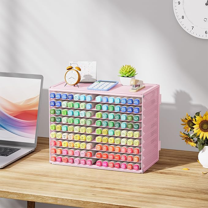 Marbrasse Mesh Marker Organizer, 9-Tier Rack Holds 126 Markers, Pink | Marker Holder, Space-saving Vertical Design, Desktop Storage for Office Classroom & Home Art Supplies