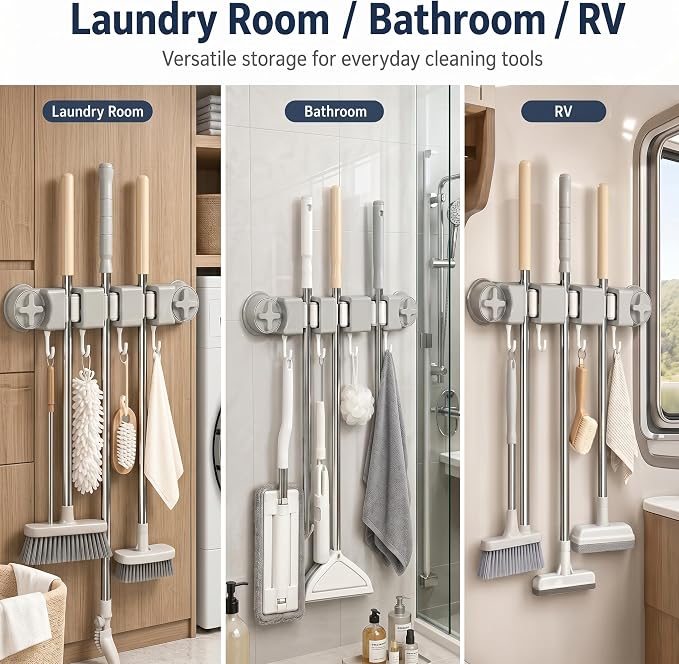 Mop and Broom Holder Wall Mount, No Drill Suction Cup Broom Organizer with 4 Slots & 5 Hooks, Removable Cleaning Tool Holder for Bathroom, Laundry Room, RV Camper