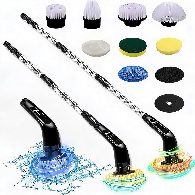 Electric Spin Scrubber- Ditch the Scrubbing! Long Handle Shower Scrubber with 9 Replaceable Heads - 2 Speed Cordless Brush Ensures Long Battery Life, Modern Design! (Black)