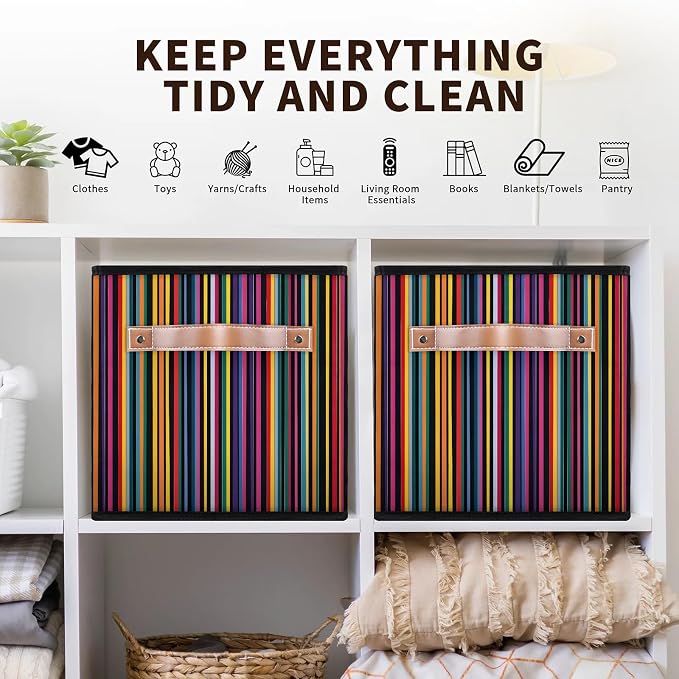 Mexican Stripes Closet Storage Bin, Foldable Storage Baskets for Shelves, Decorative Shelf Organizer Colorful Fabric Cube Bin for Living Room Bedroom Home Dorm