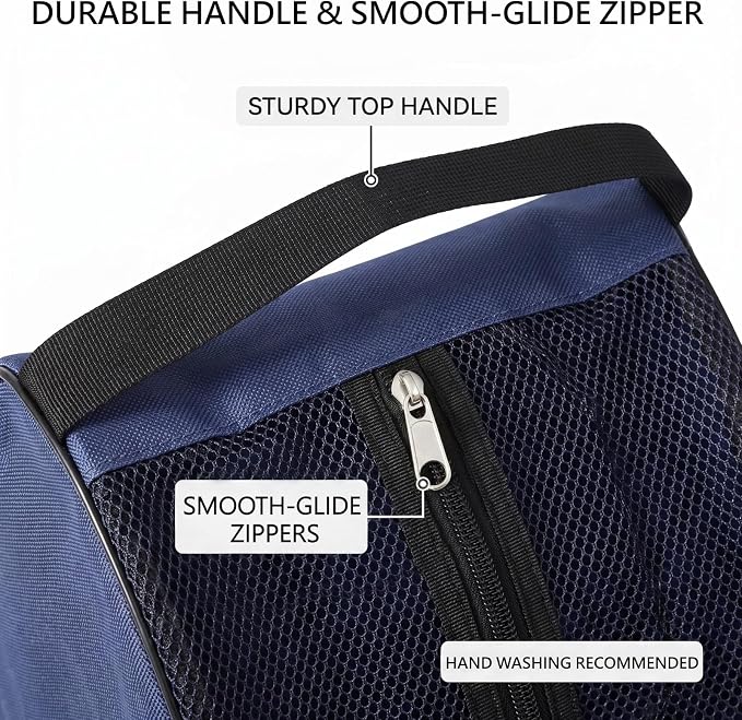 Golf Shoe Bag with Full Top Mesh Ventilation, Zippered Sports Shoe Carrier for Travel, Fits up to Size 13 Men Women (Navy)