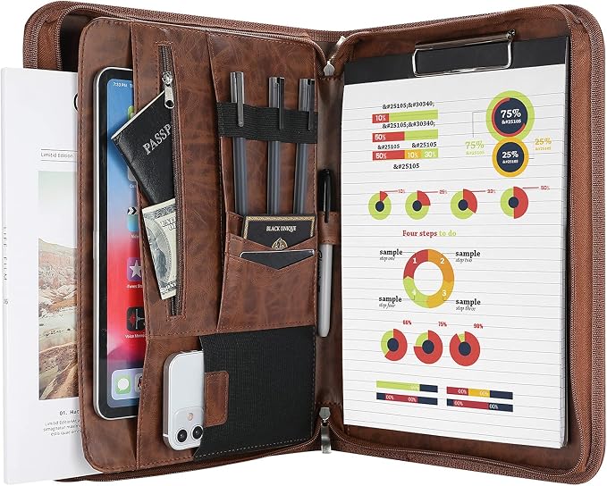 ProCase Portfolio Business Padfolio Folder with Zipper -Brown | Conference Meeting Executive File Legal Document Organizer with Pockets Letter Size A6 Writing Pad Notepad Padfolio