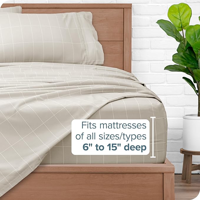 Bare Home Twin XL Sheet Set - College Dorm Size - Luxury 1800 Ultra- Soft Double Brushed Microfiber - Deep Pockets - Easy Fit - 3 Piece Bedding Sheet Set (Twin XL, Grid - Stone/White)