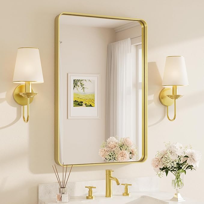 TETOTE Brushed Gold Bathroom Mirror, 24 x 36 Inch Metal Framed Mirror, Brushed Brass Rectangle Wall Mounted Golden Vanity Mirror (Horizontal/Vertical)