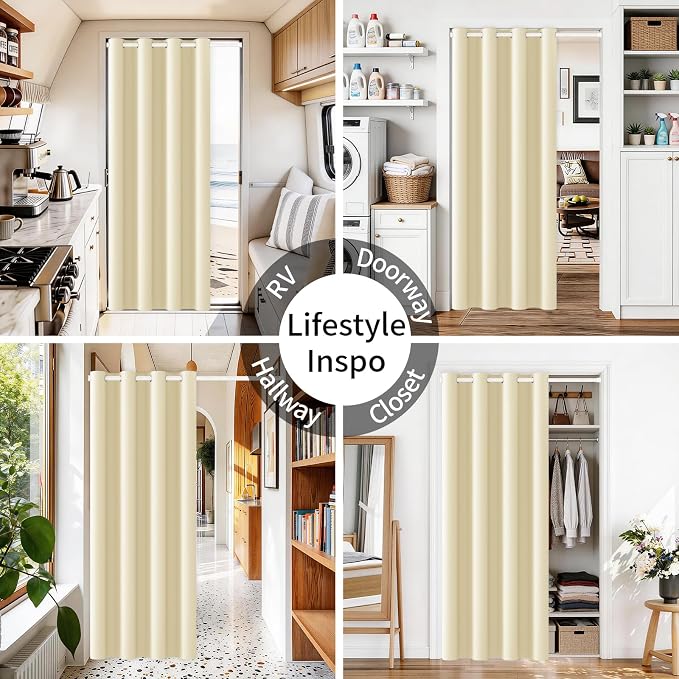 Vatge Magnetic Door Curtain with Rod - W52 x L82, 1 Panel, Light Beige | Door Curtain for Doorways, Room Divider for Living Room