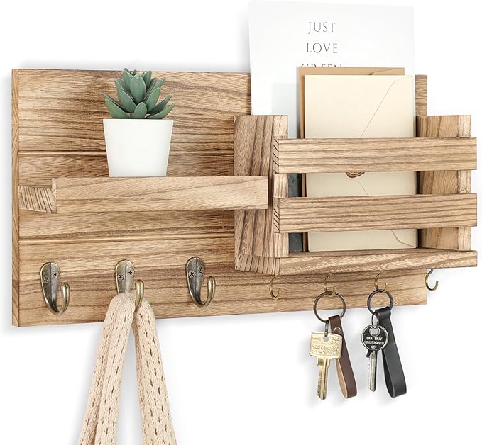 Lwenki Mail Organizer for Wall Mount – Key Holder with Shelf Includes Letter Holder and Hooks for Coats, Dog Leashes – Rustic Wood with Flush Mounting Hardware (16.5” x 8.7” x 3.5”) (Wood)