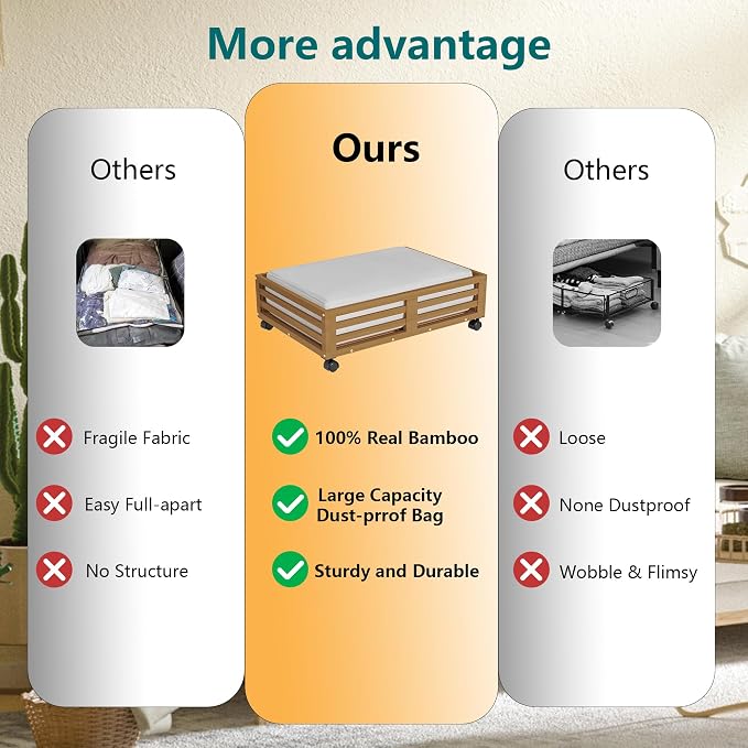 Wisuce 2 Packs Bamboo Under Bed Storage Organizer with Wheels Brown Small | 360° Lockable Wheels,120lbs Load Capacity, Multi-scene ,Dustproof Clear Storage Bag, Large Capacity,Easy Quick Assembly