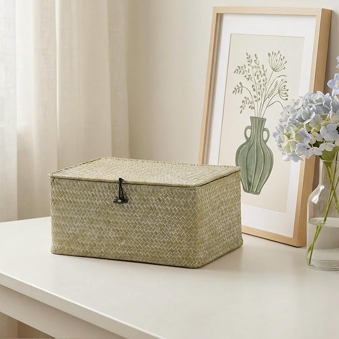 Nonam Storage Basket with Lid, Natural Seagrass Bin with Lid Set of 3, Shelf Baskets Multipurpose Container for Boho Decoration, Rectangular Household Storage Boxes for Home Organization-White