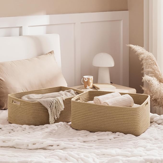 2 Pack Storage Baskets for Organizing, Large Woven Storage Basket, Brown | 17"L x 13"W x 7.5"H, Cotton Rope Basket, Toy Storage, Cube Shelf, Closet Shelf Organizer, Clothes Storage, Home Decor