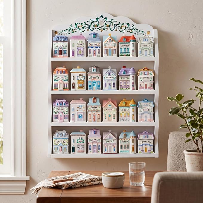 Leinuosen Vintage Spice Jar Wooden Rack with 4 Shelves and Drawer Hanging Spice Rack Wall Mounting Kitchen Storage Village Style Display Shelf for 24 Jars Shelf Only 20.47 x 14.57 x 3.15 Inches