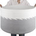 OIAHOMY 90L Extra Large Blanket Basket - Decorative Cotton Rope Storage Basket for Bedroom, Living Room & Nursery - Woven Laundry Hamper for Organizing Blankets, Clothes & Toys - Grey & White