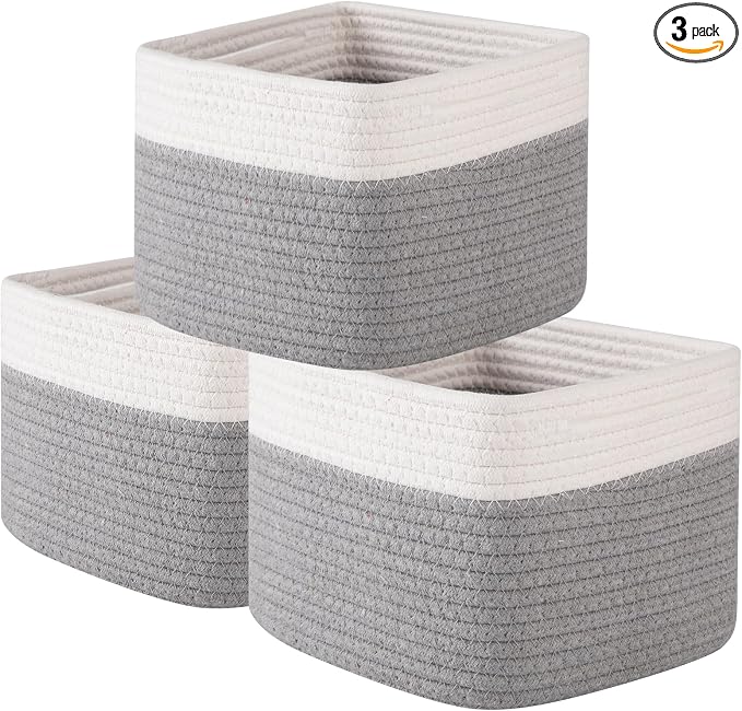 OIAHOMY 9”x9”x7” Storage Cubes, Cotton Rope Woven Baskets for Organizing, Cube Storage Bin, Small Gift Basket for Shelf, 3-Pack, Grey&White
