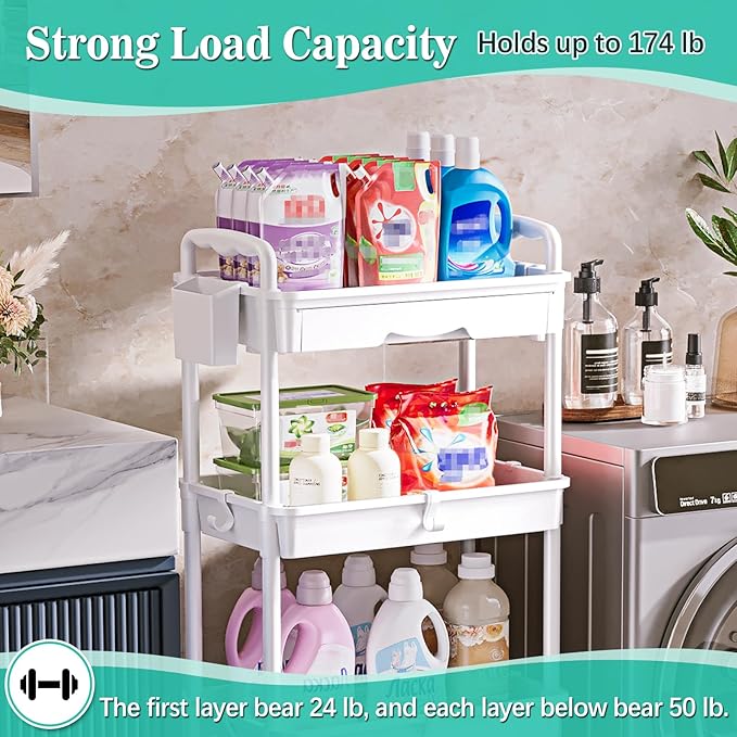 SUNALLY 4 Tier Rolling Utility Cart with Drawer, Storage Organizer Cart with 2 Lockable Wheels, Multifunctional Rolling Storage Cart for Bathroom, Kitchen, Craft, Makeup, Baby Essentials, White