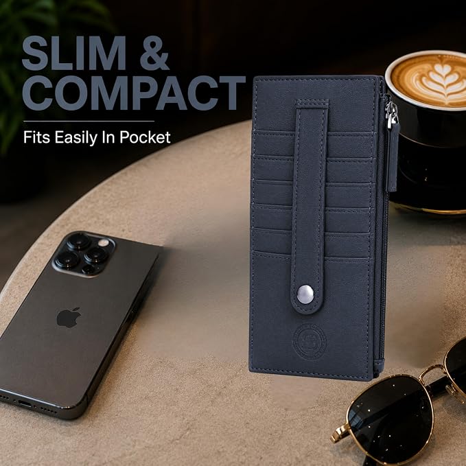 Leatherboss Leather All in One Card Case Holder Slim Wallet With Card Protection Strap, Blue