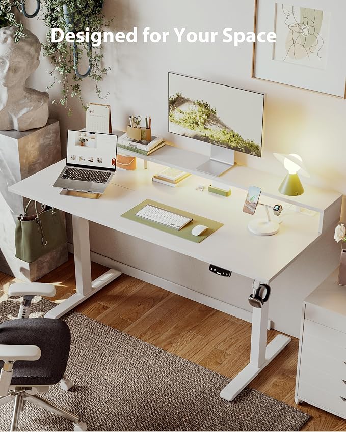 Agilestic 63x24 Inch Electric Standing Desk with Shelf, Height Adjustable with Power Outlets & LED, Sit Stand up Table with Monitor Stand, Computer Workstation, White