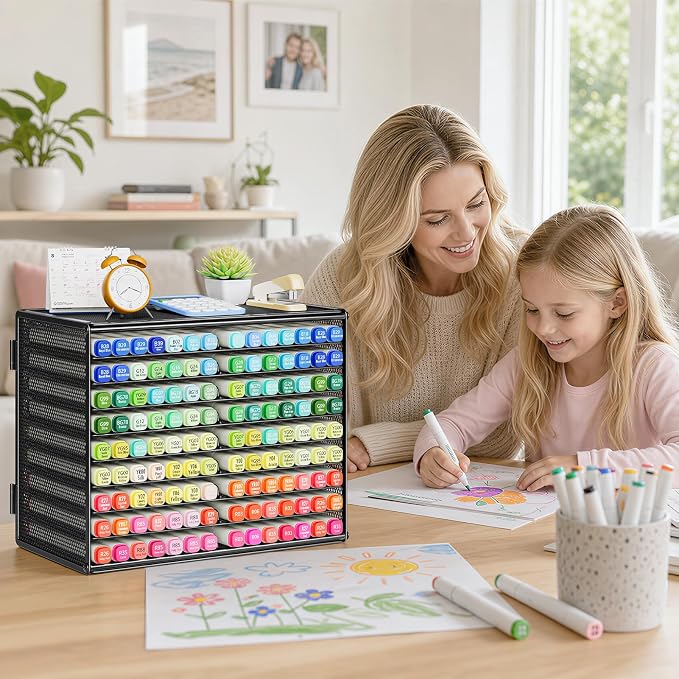 Marbrasse Mesh Marker Organizer, 9-Tier Rack Holds 126 Markers, Black | Marker Holder, Space-saving Vertical Design, Desktop Storage for Office Classroom & Home Art Supplies