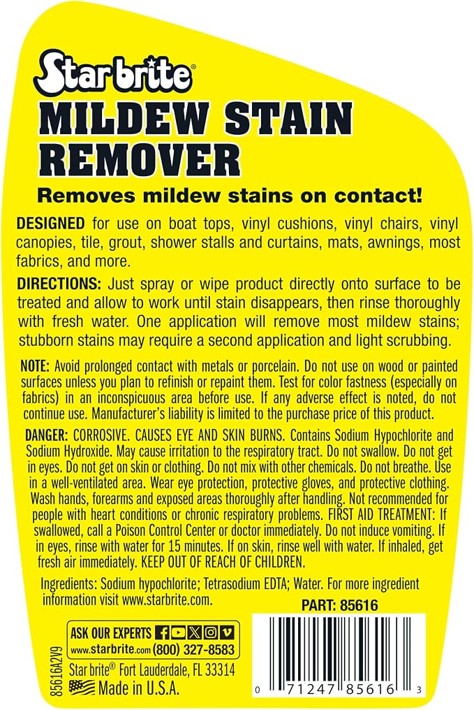 STAR BRITE Professional-Grade Mildew & Mold Stain Remover + Cleaner - Instant Contact Stain Removal, Ideal for Marine & Outdoor Upholstery