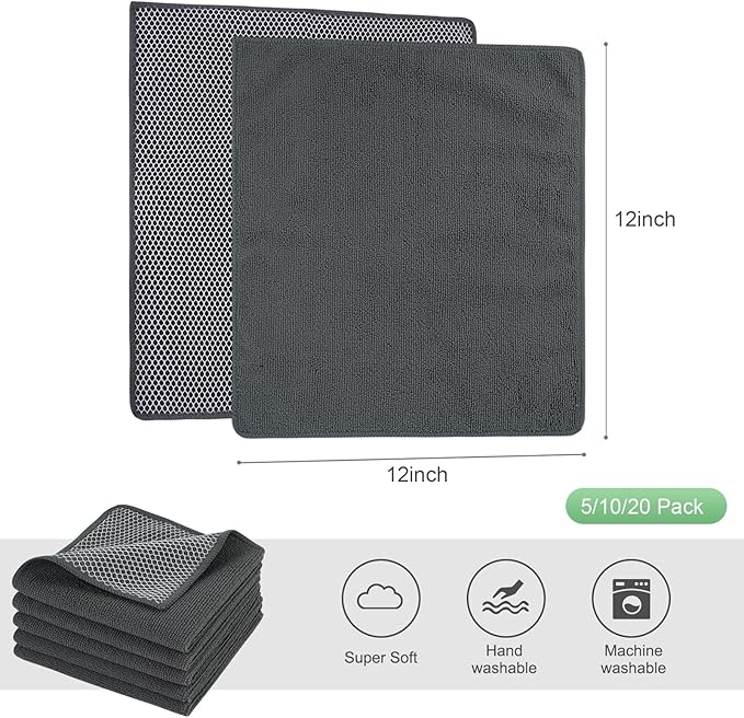 SINLAND Microfiber Dish Cloths Wash Clothes for Kitchen Best Kitchen Cloths Cleaning Cloth Poly Scour Side 12"x12" (5Pack, Dark Grey)