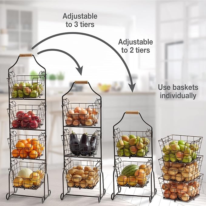 Mikasa Gourmet Basics Ferme 4-Tier Market Basket - Antique Black Wire and Acacia Wood Handle, Kitchen Fruit Vegetable Storage Organizer, 13.5 x 11.5 x 51 Inches