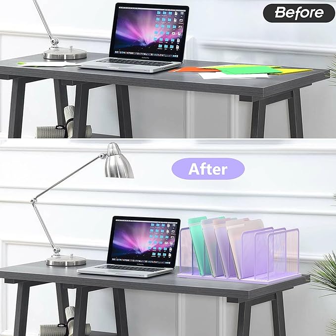 Kuntine.B Desk File Organizer Upright Mesh Desktop Organizer File Sorter Office Organization File Holder for Home, Office & Classroom (Purple, 2 Pack 7-Section)