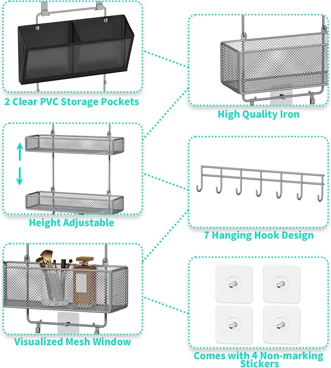 HapiRm Over Door Organizer Hanging - 6 Tier Over The Door Storage with Visual Pockets & Hooks, with 4 Metal Large Capacity Baskets for Bathroom Bedroom Kitchen Pantry Cabinet(Grey)