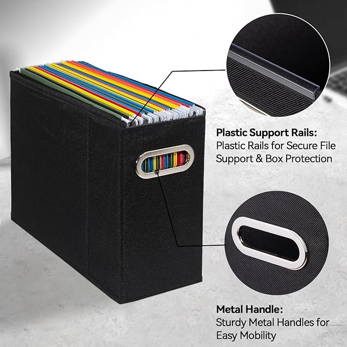 4 Packs Letter Size File Organizer, File Folders Organizer, Fabric Storage Box, Collapsible Paper Organizer with Metal Handle, Smooth PVC Rails, Only Box (Black)