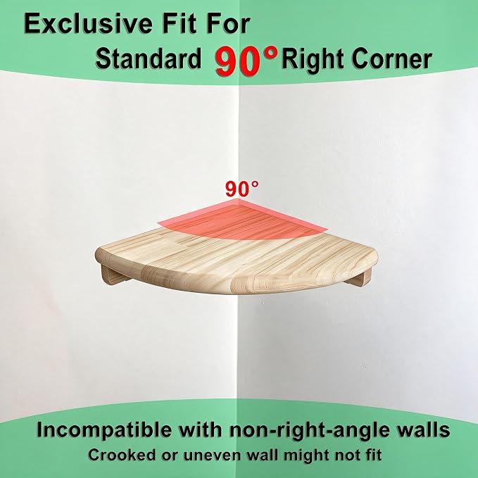 8.7" Floating Corner Shelf, Solid Wood Wall Mount with Wire Hole | Round end design, fits small decor, plants, photo frames & speakers; for bedroom, kitchen, living room