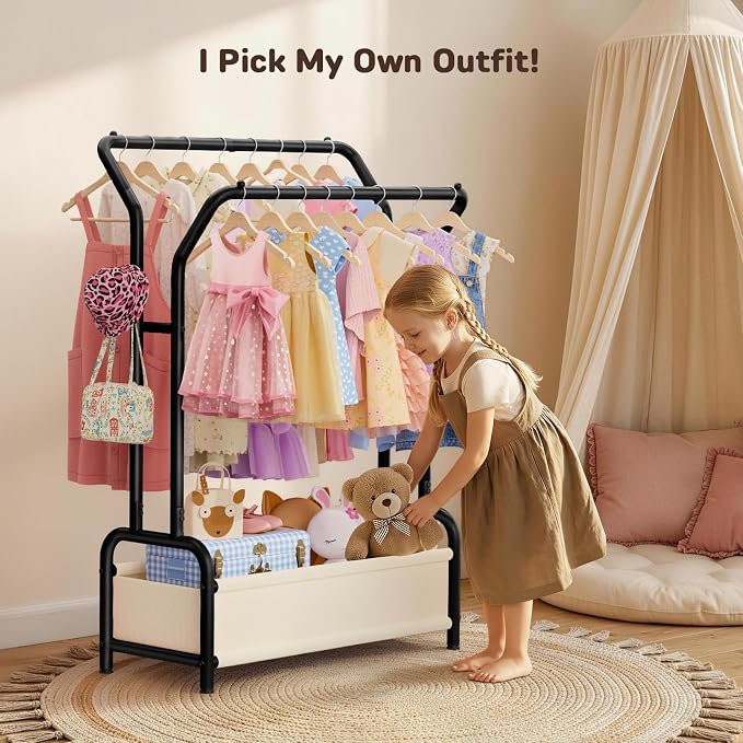 Small Kids Clothing Rack for Kids Room: Double Hanging Rods & Storage Basket - Height Adjustable Dress Up Storage - Anti-Tip Boys Baby Clothing Rack Open Nursery Baby Closet for Costumes, Shoes, Toys