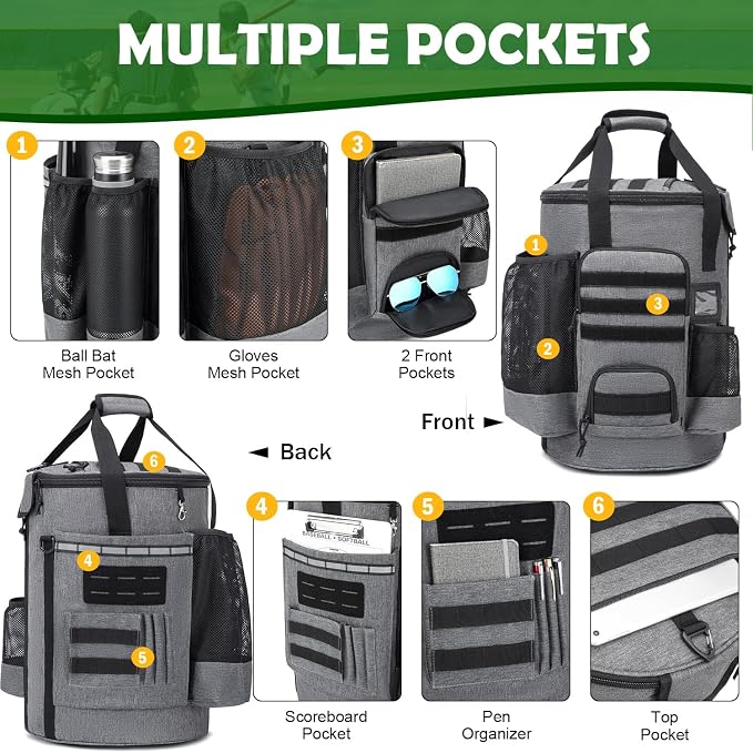 Baseball Bucket Bag, Softball Coaches Bags Fit 6 Gallon Buket | Baseball Coaching Accessories Organizer with Anti-Slip Bottom & Multiple Pockets for Bat, Gloves, Scoreboards