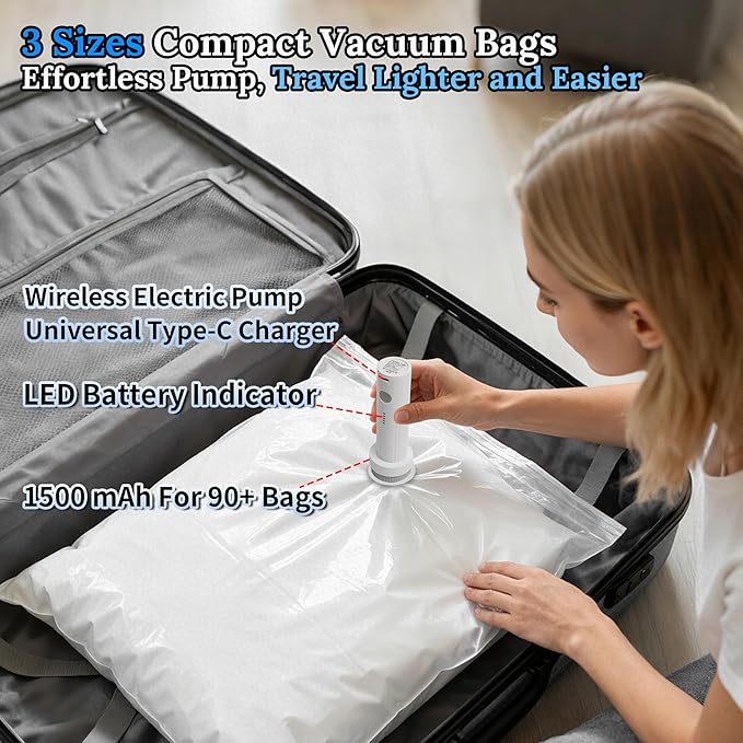 Vacuum Sealing Bags for Clothing Travel,Space Saver Vacuum Storage Bags with Air Pump,Compression Packing for Luggage and Clothes Travel (15 Combo Bags+Electric Pump)