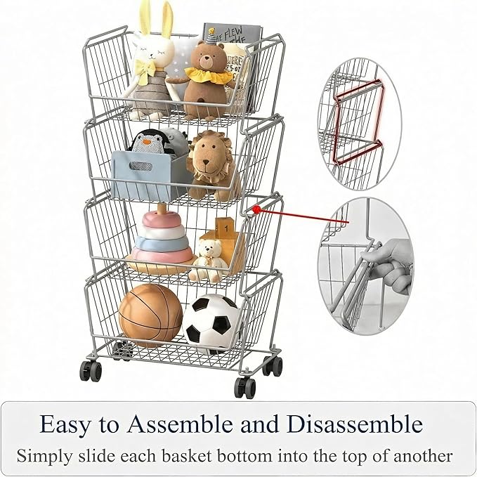PUSDON Stackable Metal Storage Carts, Dual Use Shelf for Kitchen Fruit Vegetable Baskets with Wheels, Storage Rack for Living Room, Home & Office, Standard Silver Grey 4 Tiers