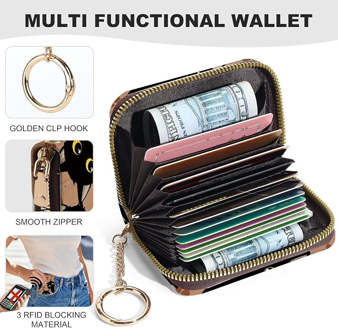 Credit Card Holder for Women,Small Rfid Wallet with Keychain Zipper,Cute PU Leather Card Case Wallet，Accordion Credit Card Wallets Gift,Three Black Cats