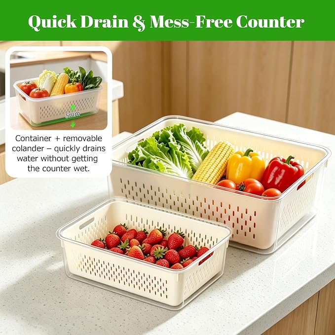 KUK 5 Pack Fruit Storage Containers for Fridge, Stackable Leakproof Food Keeper with Removable Colander, BPA-Free Produce Saver for Vegetables, Berries & Meat