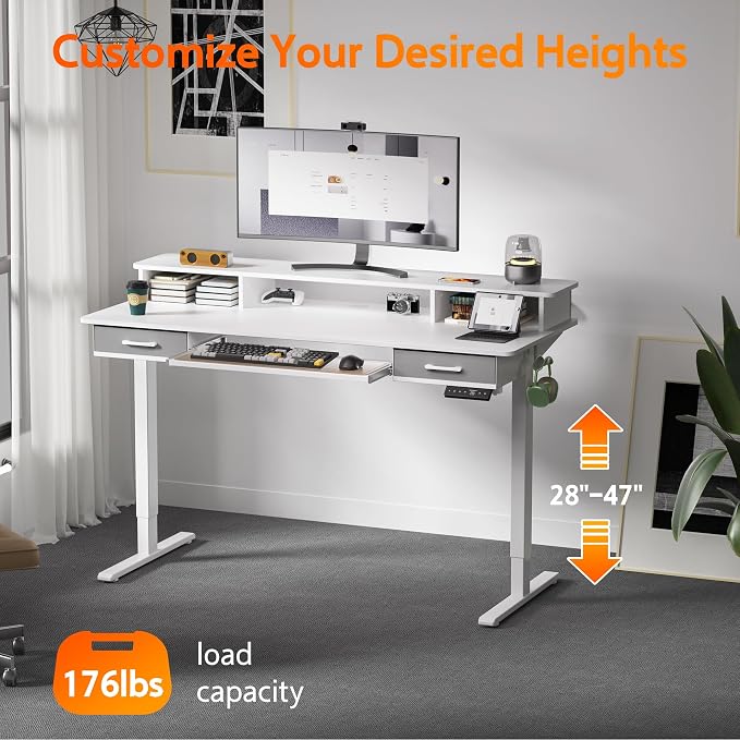 WALKINGDESK 55 Inches Electric Standing Desk with Keyboard Tray, Height Adjustable Sit to Stand Table with 2 Drawers, Ergonomic Home Office Desk with Storage Shelf, Computer Table, White