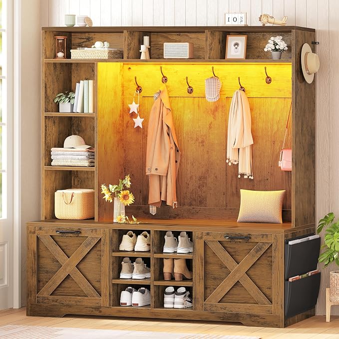 Itaar Hall Tree with Bench and Shoe Storage, 59.1" Farmhouse Entryway Bench with Coat Rack, Shoe Cabinet with Flip Drawers, 12 Shelves, 9 Coat Hooks, Storage Bag, Led Lights, Rustic Brown