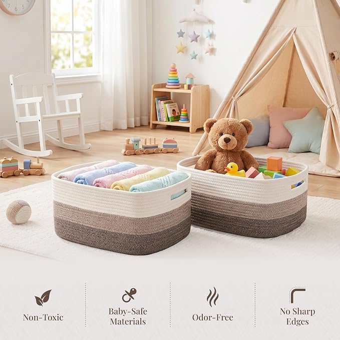 5-Pack Large Woven Rope Storage Baskets, 2 Sizes Organizer Bins | Fabric Cube Boxes and Rectangular Shallow Bins for Closet, Shelf, Bookshelf, Nursery, Changing Table, Bathroom, Toys & Home