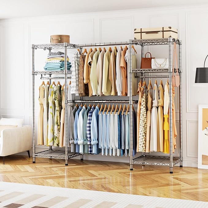 Ulif E7 Garment Rack, Heavy Duty Clothes Storage System with Extendable Hangers Rods, Metal Clothing Rack with 6 Wire Shelves, (52.3"-72") W x 14.5" D x 71.2" H, Load 838lbs, Chrome