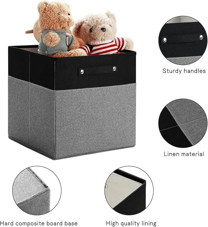 FinishingBo 13 x 13 Inch Fine Linen Storage Bins with Handles，Fabric Cube Boxs，Basket Organizers for Shelves for Home, Closet Drawers (Black/Gray-4 Pack)