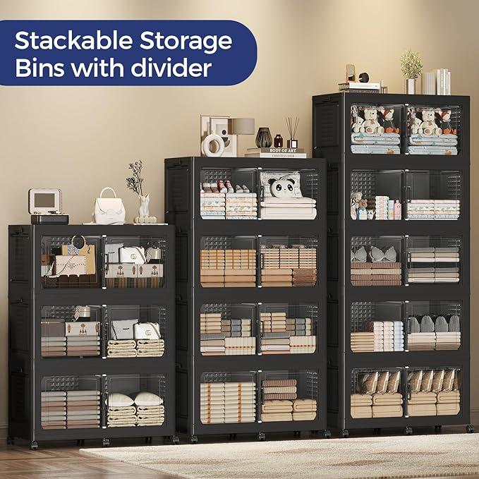 150GAL Storage Bins with Lid and Wheels, Stackable Closet Organizers and Storage Drawer, Collapsible Storage Box with Dividers, Foldable Plastic Cabinets for Room, Kitchen, 3 Pack Black