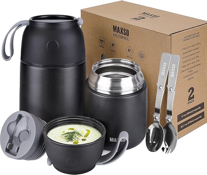 MAXSO 2 Pack Soup Thermo for Hot & Cold Food for Kids Adults, Vacuum Insulated Food Jar Thermal Lunch Containers, Travel Food Flask with Spoon (24 oz,17 oz) (Black)