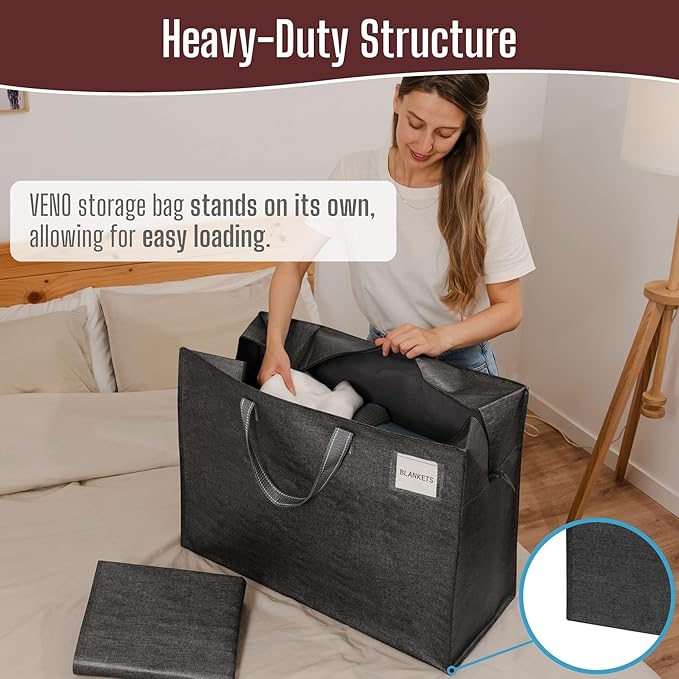 VENO 4 Pack Heavy Duty Moving Bags, Storage Bags, Packing Supplies, Top Zipper, Storage Totes for Camping, Clothes, Bedding, Comforters, Pillows (27 Gallon Dark Gray, 4 Pack)