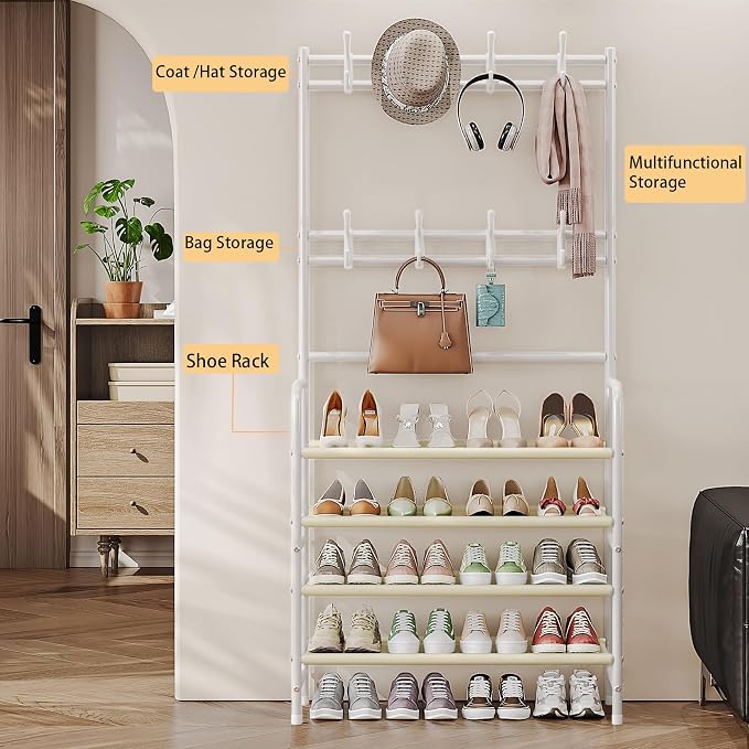 Coat Rack Shoe Rack With Storage Shelf Freestanding with 8 Hooks for Entryway Bedroom Closet (White, 4Tiers)