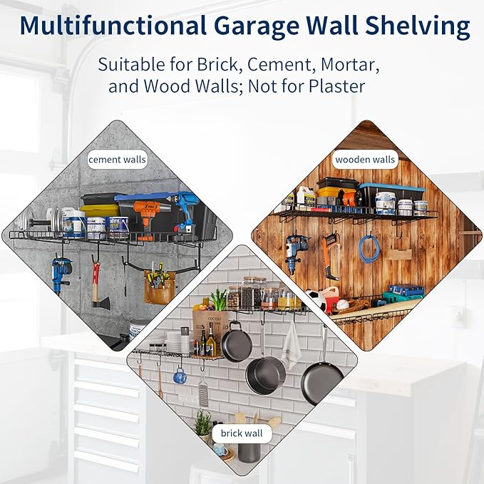 4 Pack Garage Wall Shelf, Wall Mounted Storage Shelves, Heavy Duty Metal Shelves for Room Wall, Loads 160 LBS Floating Shelves Mesh Storage Rack for Garage, Office, Basement,Wall Cabinet and Kitchen