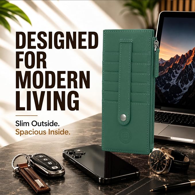 Leatherboss Genuine Leather Women's All in One Credit Business Card Case Holder Slim Zipper Wallet With a Card Protection Strap, Forest Green